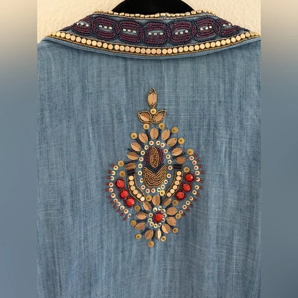 Soft Surroundings Heavily Beaded Embroidered Tencel Duster Coat - Indigo, Large - Picture 11 of 12